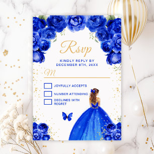 Cartão RSVP Princesa de Cabelo Castanho Dourado e Azul Real