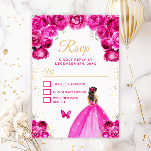 Cartão RSVP Princesa de Cabelo Castanho Dourado e Rosa Quente