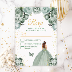 Cartão RSVP Princesa de Cabelo Castanho Dourado e Verde Salvia