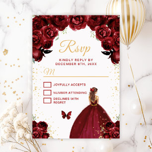 Cartão RSVP Princesa de Cabelo Castanho Dourado e Vermelho Bor