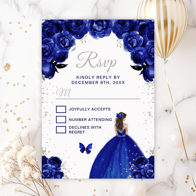 Cartão RSVP Princesa de Cabelo Castanho Escuro e Prata (Criador carregado)