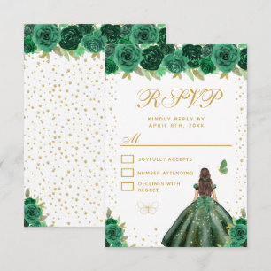 Cartão RSVP Princesa de Cabelo Castanho Floral Verde Sweet Six
