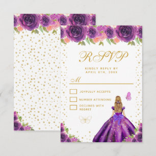 Cartão RSVP Princesa de Cabelo Loiro com Florais Roxos Sweet S