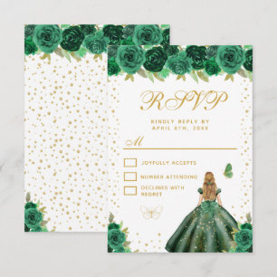 Cartão RSVP Princesa de Cabelo Loiro com Vestido Floral Verde 