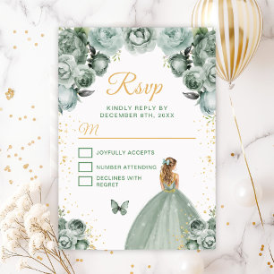 Cartão RSVP Princesa de Cabelo Loiro Dourado e Verde Salvia