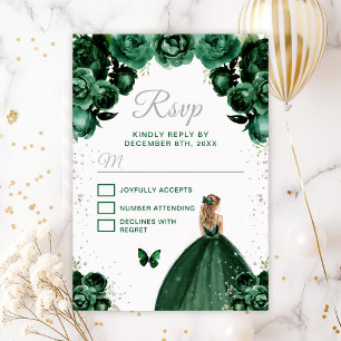 Cartão RSVP Princesa de Cabelo Loiro Prateado e Verde Escuro