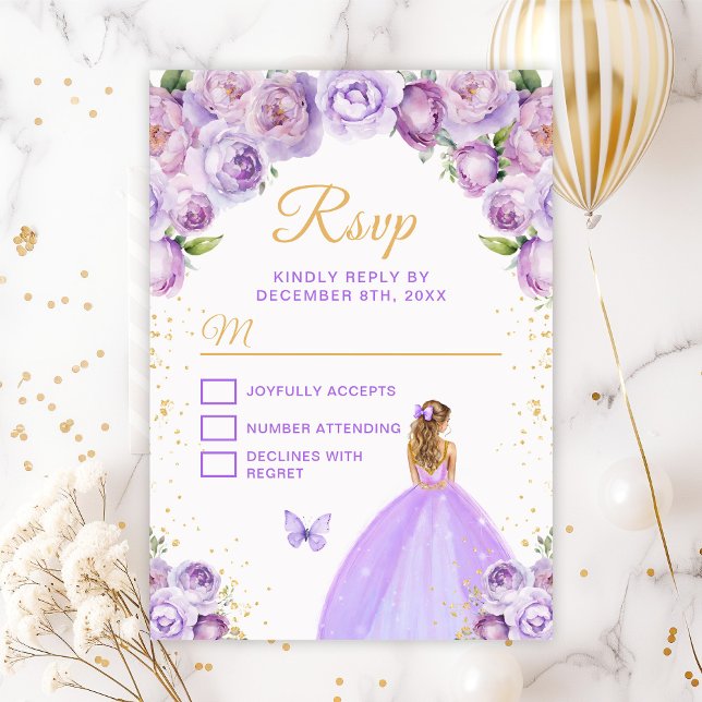 Cartão RSVP Princesa de Cabelo Loiro Roxo Claro e Dourado (Criador carregado)