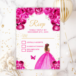 Cartão RSVP Princesa de Cabelo Marrom Dourado e Rosa Quente