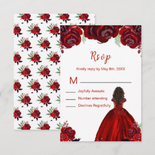 Cartão RSVP Princesa de Pele Escura Vermelho Floral Sweet Sixt