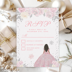 Cartão RSVP Princesa de Pele Morena no Inverno Rosa Doce Dezes