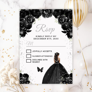 Cartão RSVP Princesa de Pele Morena Preta e Prata