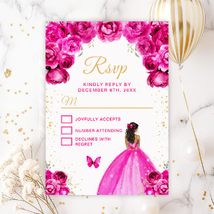 Cartão RSVP Princesa de pele rosa-quente e Dourada