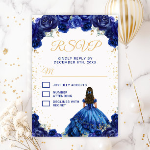 Cartão RSVP Princesa Floral Azul Escuro Quinceañera