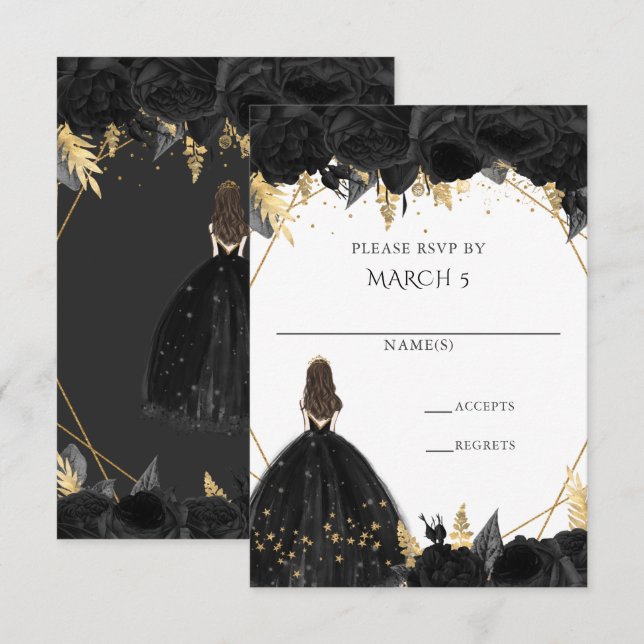 Cartão RSVP Princesa Floral Dourada Elegante Quinceanera (Frente/Verso)
