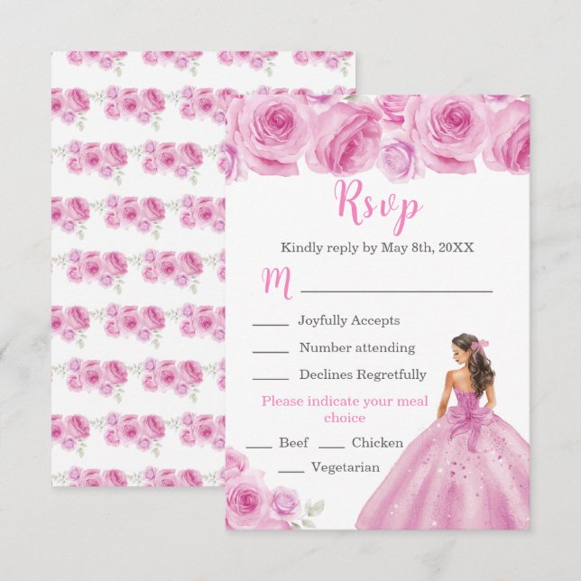Cartão RSVP Princesa Floral em Escolha de Refeição de Vestido  (Frente/Verso)