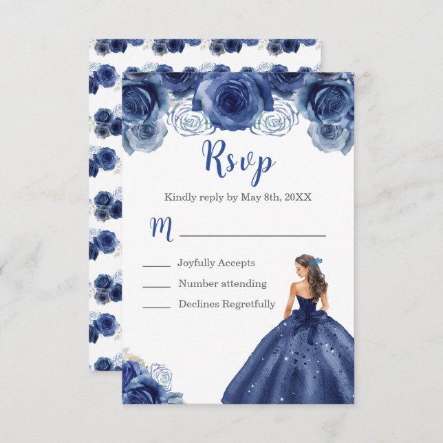 Cartão RSVP Princesa Floral em Marinho Azul Vestido Escolha da (Frente/Verso)