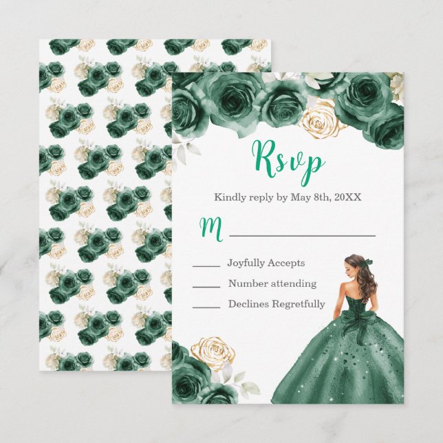 Cartão RSVP Princesa Floral num Vestido Verde Escuro (Frente/Verso)