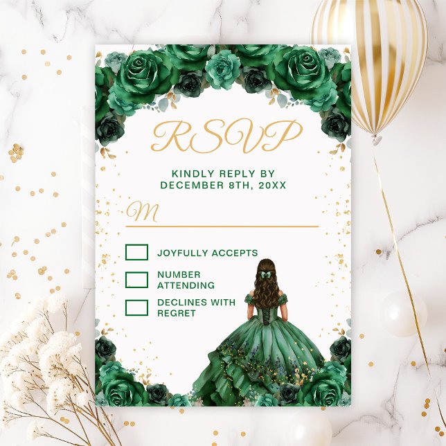 Cartão RSVP Princesa Verde Escura Quinceañera (Criador carregado)