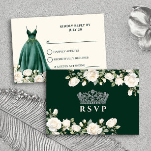 Cartão RSVP Princesa Vestida e Rosas Emerald Green Quinceanera