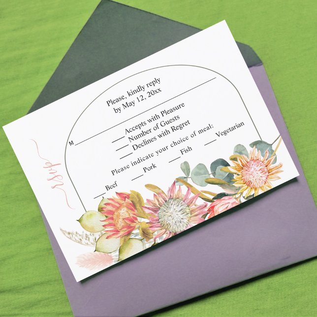 Cartão RSVP Protea flores pampas hera verde casamento RSV (Criador carregado)