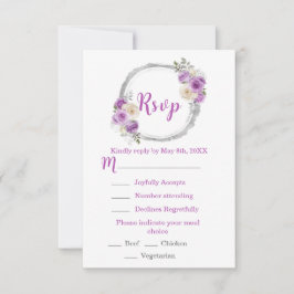 Cartão RSVP Purple and Silver Elegant Flowers Sweet Sixteen