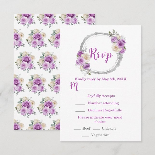 Cartão RSVP Purple and Silver Elegant Flowers Sweet Sixteen (Frente/Verso)