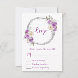 Cartão RSVP Purple and Silver Elegant Flowers Sweet Sixteen