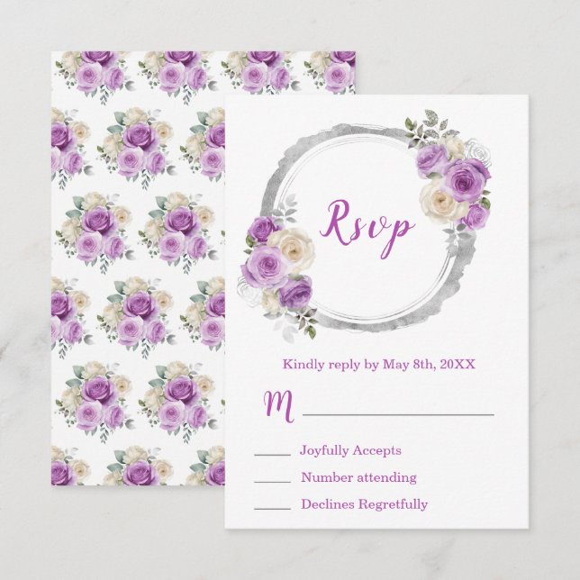 Cartão RSVP Purple and Silver Elegant Flowers Sweet Sixteen (Frente/Verso)