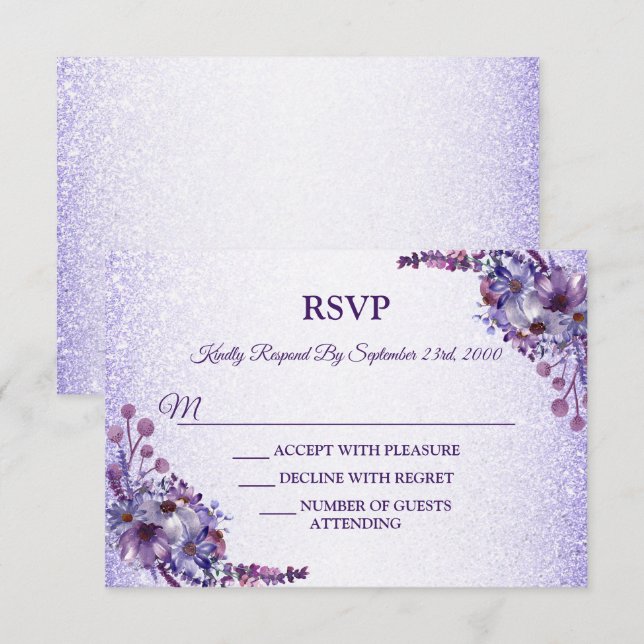 Cartão RSVP Purple Blue Pink Floral Glitter Wedding Party (Frente/Verso)