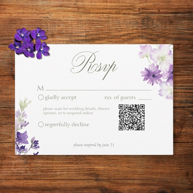 Cartão RSVP Purple Boho Wildflower White Weding QR (Criador carregado)