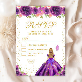 Cartão RSVP Purple Floral Blonde Hair Princess Sweet