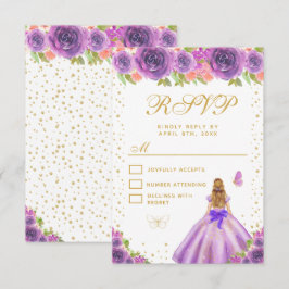 Cartão RSVP Purple Floral Blonde Hair Princess Sweet Sixteen