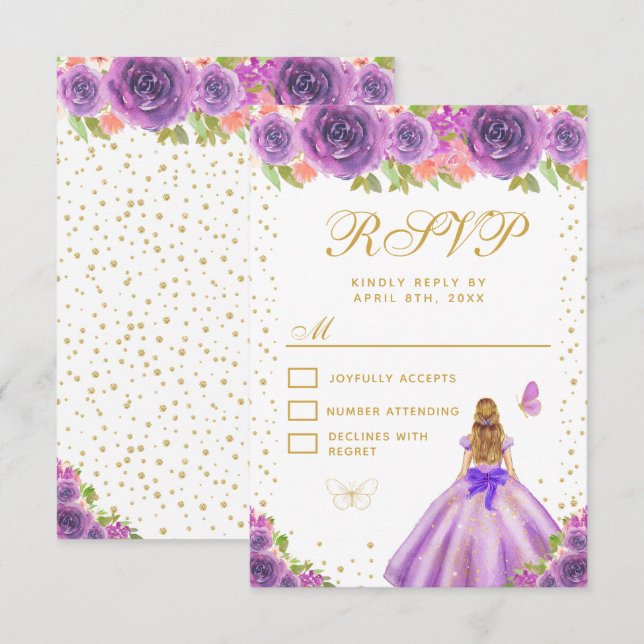 Cartão RSVP Purple Floral Blonde Hair Princess Sweet Sixteen (Frente/Verso)