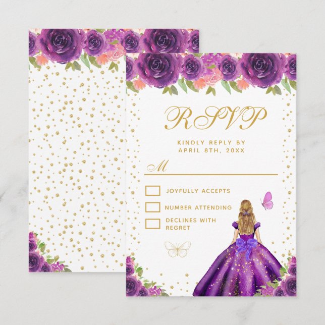 Cartão RSVP Purple Floral Blonde Hair Princess Sweet Sixteen (Frente/Verso)