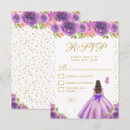 Cartão RSVP Purple Floral Brunette Hair Princess Sweet Sixteen