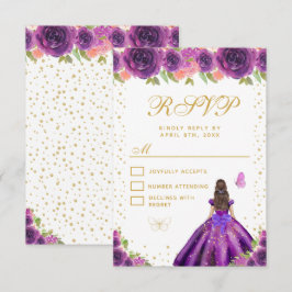 Cartão RSVP Purple Floral Brunette Hair Princess Sweet Sixteen