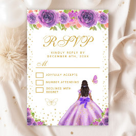 Cartão RSVP Purple Floral Dark Skin Princess Sweet