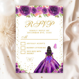 Cartão RSVP Purple Floral Dark Skin Princess Sweet