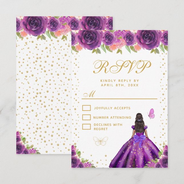 Cartão RSVP Purple Floral Dark Skin Princess Sweet Sixteen (Frente/Verso)