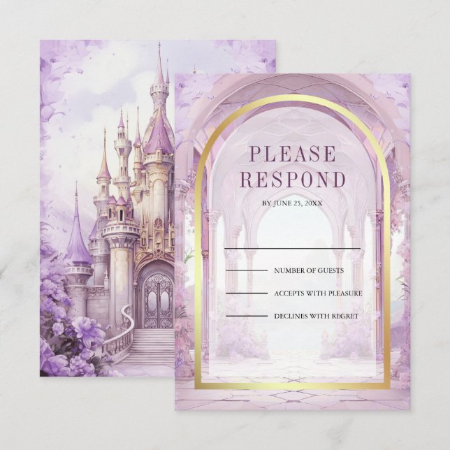 Cartão RSVP Purple Floral Fairytale Castle Wedding (Frente/Verso)