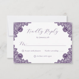 Cartão RSVP Purple Floral Lace Rustic Burlap Hearts Wedding