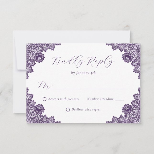 Cartão RSVP Purple Floral Lace Rustic Burlap Hearts Wedding (Frente)