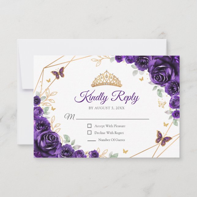 Cartão RSVP Purple Gold Floral Quinceanera Reply (Frente)