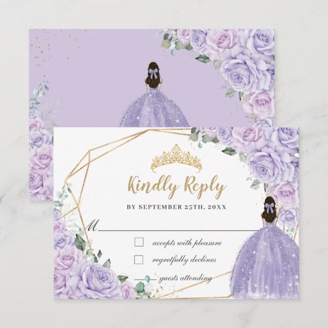 Cartão RSVP Purple Lilac Floral Princess Quinceanera 16 Reply (Frente/Verso)