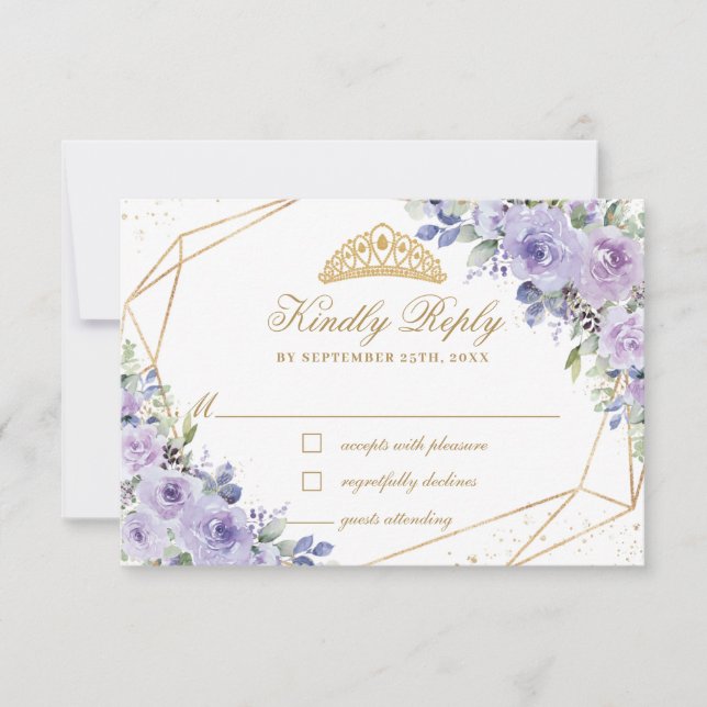 Cartão RSVP Purple Lilac Floral Quinceañera Dourada Coroa Tiar (Frente)