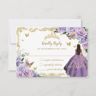 Cartão RSVP Purple Lilac Floral Quinceañera Princesa Dourada