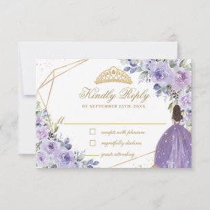 Cartão RSVP Purple Lilac Floral Quinceañera Princess Crown