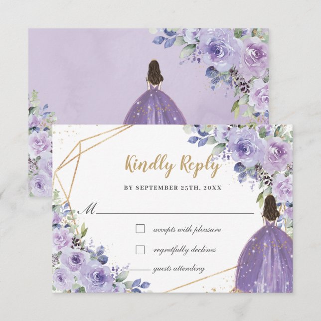 Cartão RSVP Purple Lilac Floral Quinceañera Princess Reply (Frente/Verso)