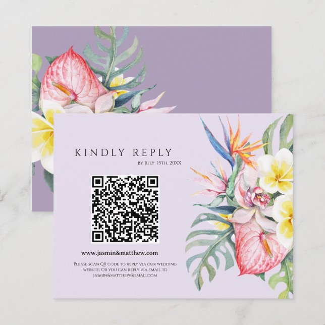 Cartão RSVP Purple Tropical Floral Hawaii QR Code Wedding (Frente/Verso)