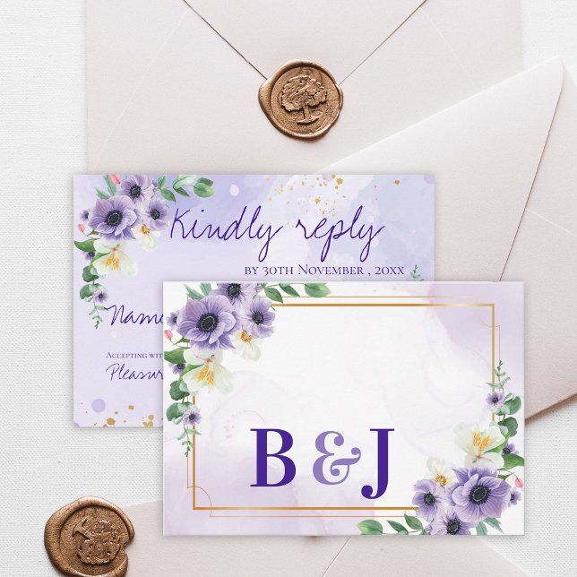 Cartão RSVP Purple White Floral Gold Frame Wedding Reply By (Purple White Floral Gold Frame Wedding Reply By RSVP Card)